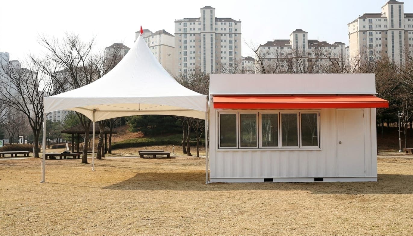 K-테이너 실물 — 공원 잔디밭에 설치된 본체와 캐노피 텐트