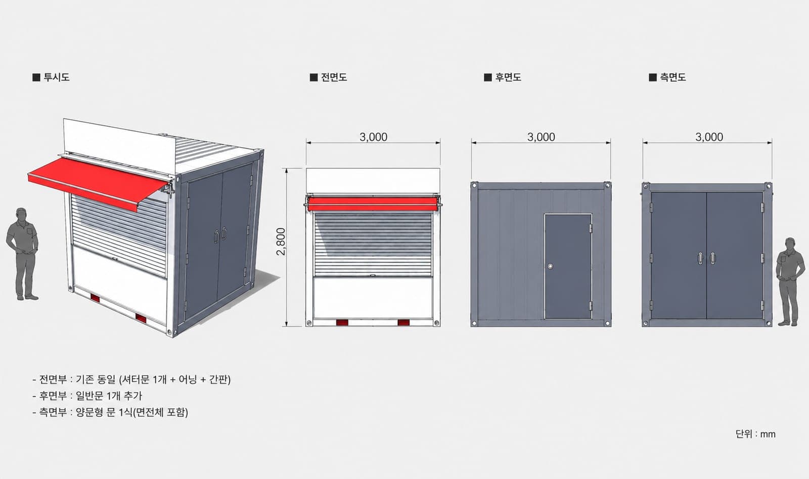 K-테이너 3×3 규격 도면 — 투시도·전면도·후면도·측면도 (3,000×3,000×2,800mm)